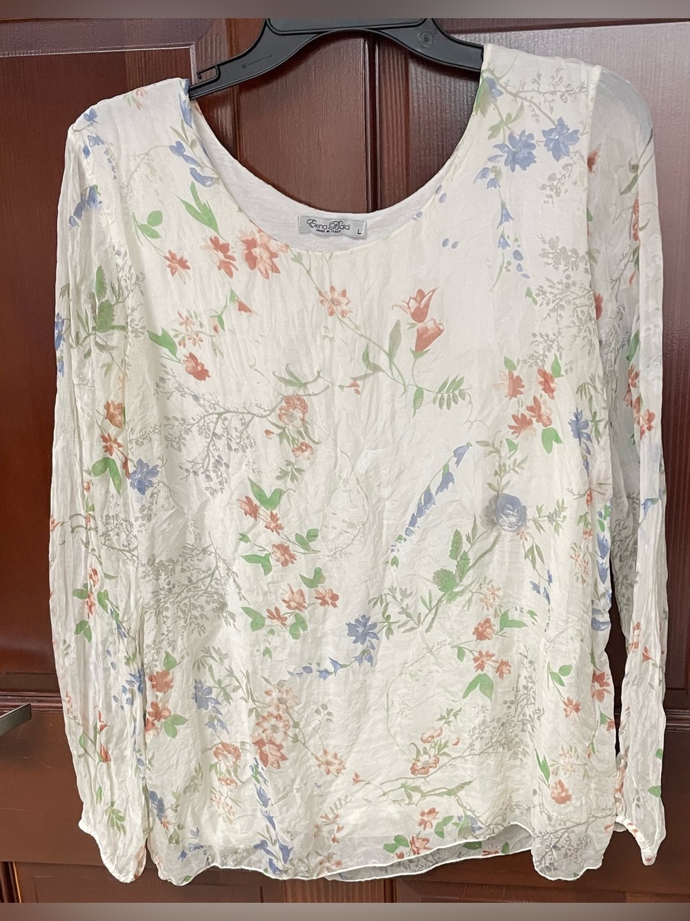 Elena Baldi Womens White Floral Silk Blouse Size L. Sheer Long Sleeves